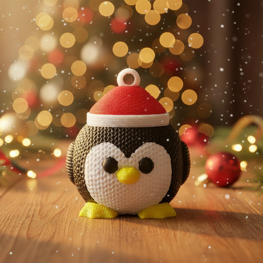 Knitted Chubby Penguin Ornament With Santa Hat