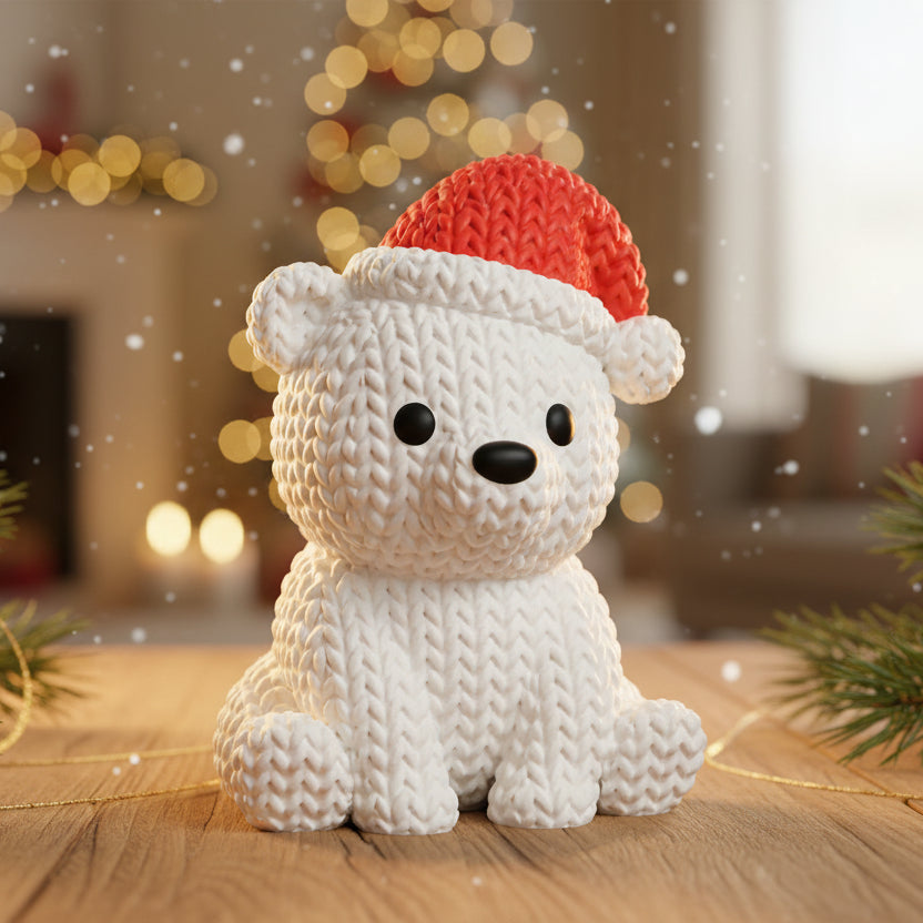 Knitted Polar Bear with Santa Hat - Christmas
