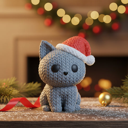 Knitted Cat with Santa Hat - Christmas