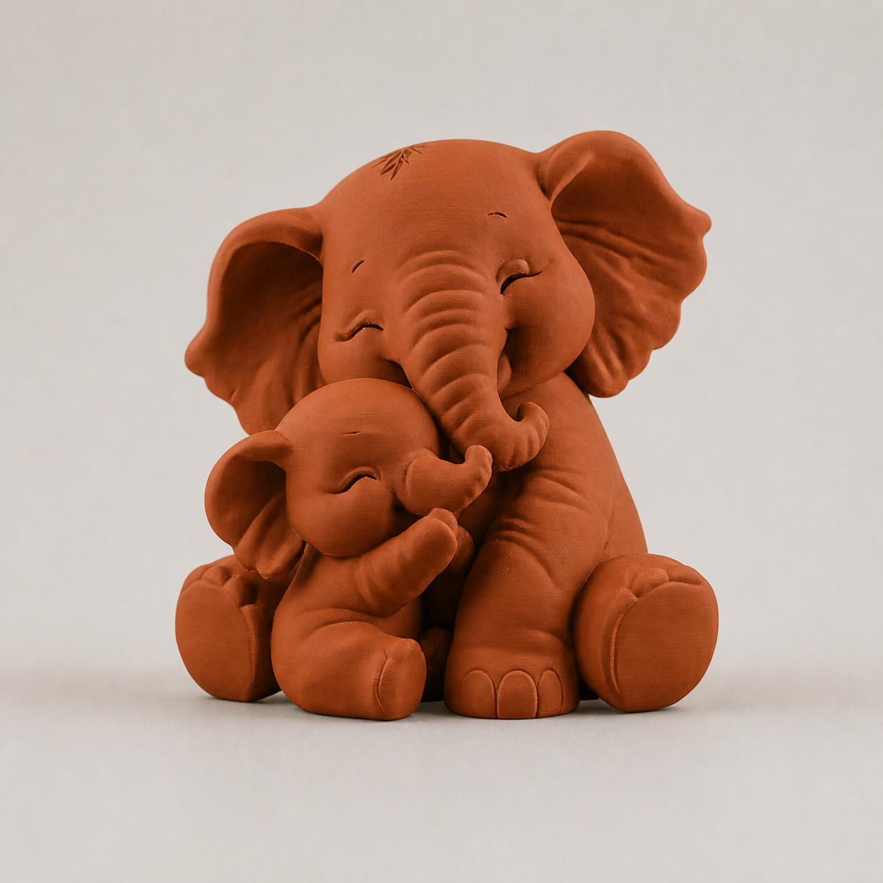 Baby elephant hug sculpture in terracotta