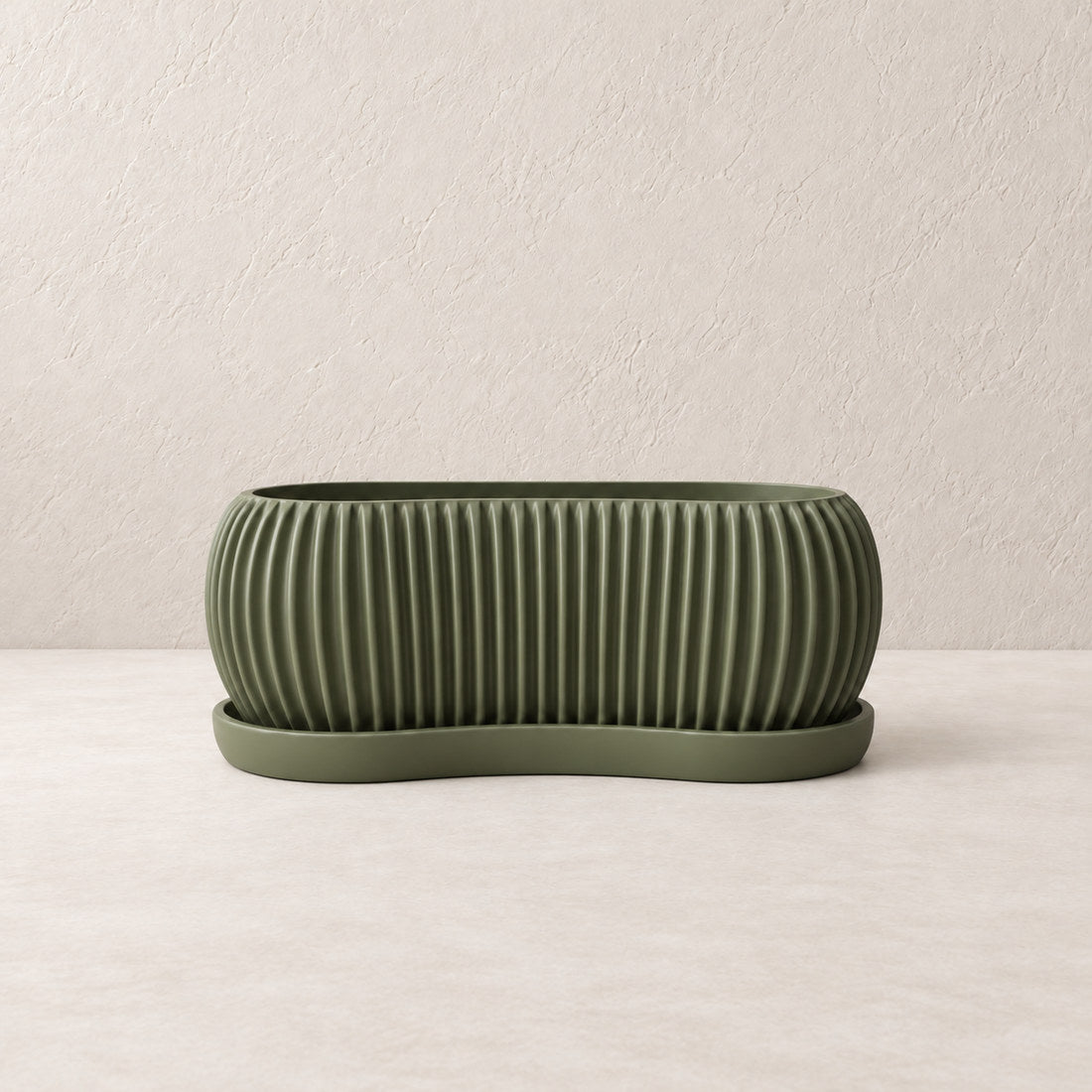 Sagefold Planter in Dark Green #656A4D; matching color on planter body and tray