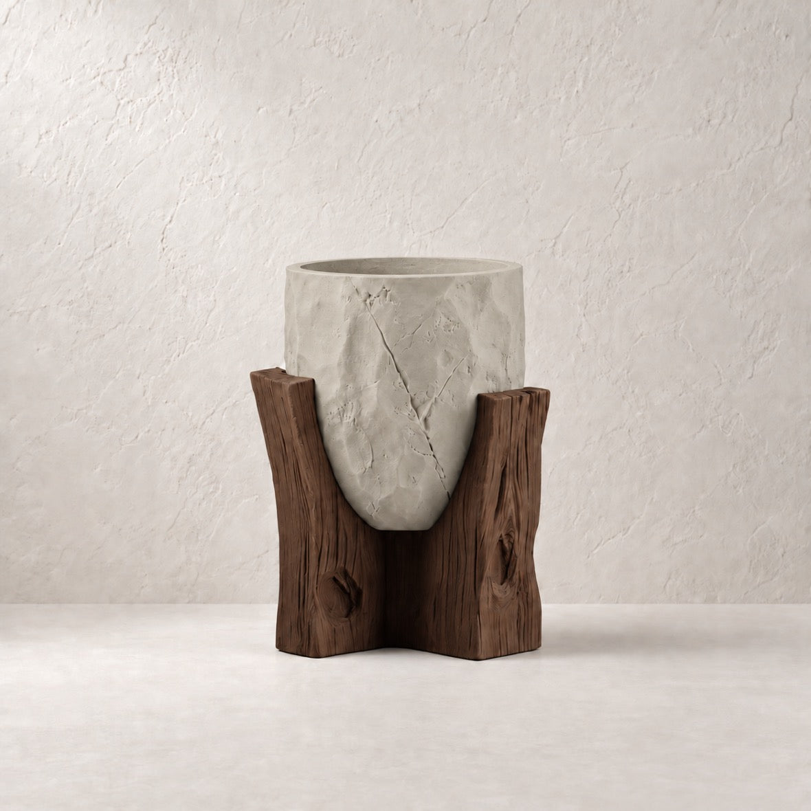 Sunveil Planter in Bone White (#CBC6B8) with cocoa-brown wood-look base, matching neutral plaster background and centered product placement
