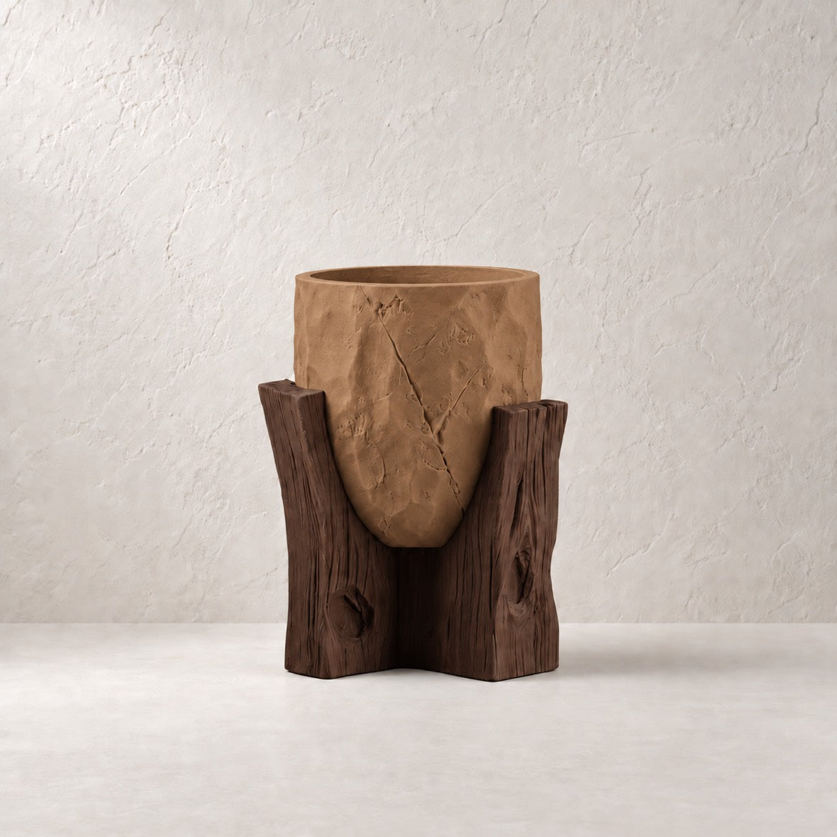 Sunveil Planter in Caramel (#AE835B) with cocoa-brown wood-look base, matching neutral plaster background and centered product placement