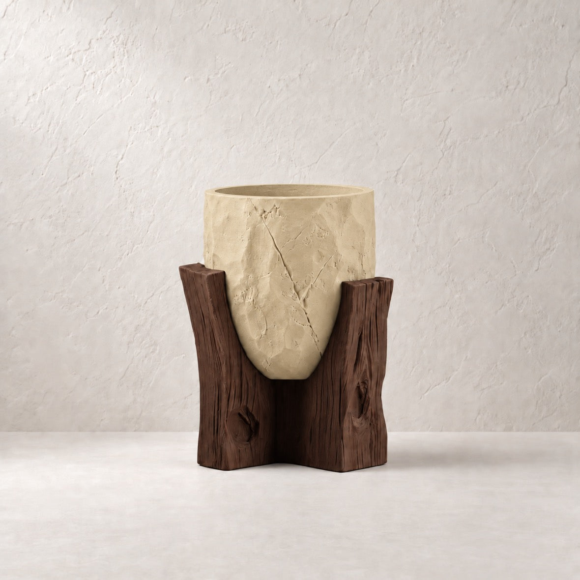 Sunveil Planter in Desert Tan (#E8DBB7) with cocoa-brown wood-look base, matching neutral plaster background and centered product placement