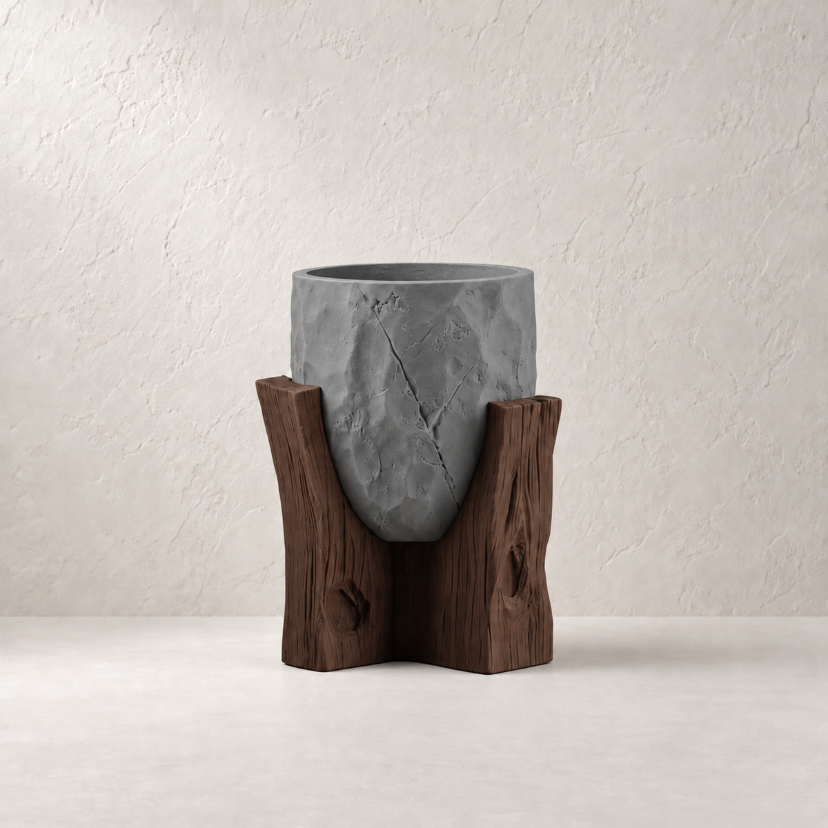 Sunveil Planter in Gray with cocoa-brown wood-look base on warm light neutral backdrop