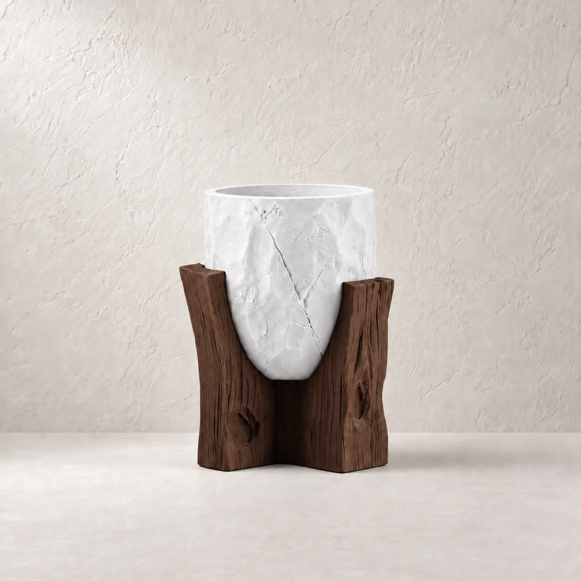 Sunveil Planter in White (#FFFFFF) with cocoa-brown wood-look base, matching neutral plaster background and centered product placement